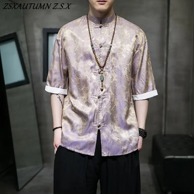 Summer Ice Silk Short-sleeved Shirt for Men Chinese Style Tang Suit Dragon Robe Youth Retro Men's Shirt Large Size Casual Tops