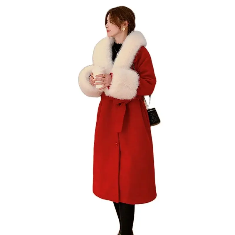 

2023 Fashion Faux Rabbit Hair Liner Woolen Coat Women Long Wool Overcoat Autumn Winter Fur Collar Belt Red Jacket Warm Outerwear