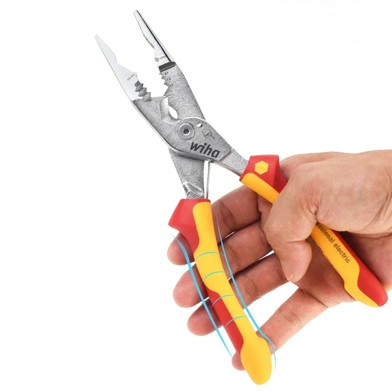 WIHA 45489 Electrician Plier 8-in-1 Multifunctional Insulated Wire Stripping Pliers Wide Handle Design Easy Operation