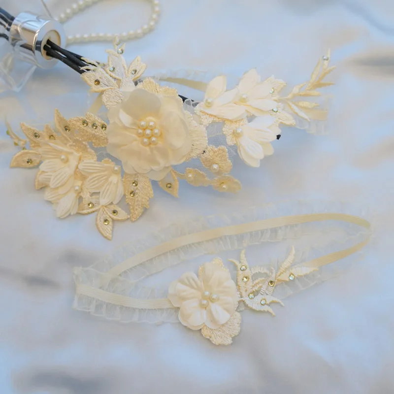 Bridal Garter Belt Sexy Lace Wedding Bead Embroidery Flower 2pcs/Set