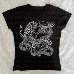 Vintage Gothic Dragon Graphic Harajuku Crop Top - M (Black)