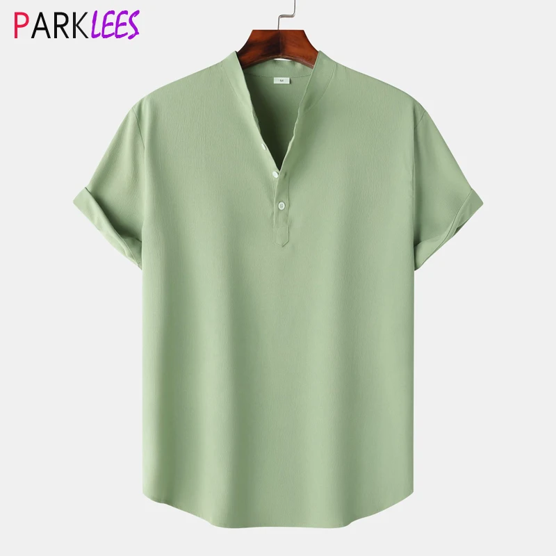 Grünes Henley Strand hemd Männer Sommer neue Kurzarm Button Down Hawaii Hemden Herren lässig atmungsaktiv Chemsie Homme 2xl