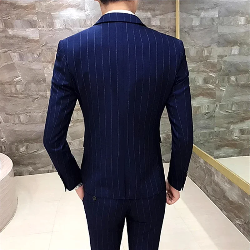 Black Men Classic Striped/Checked Suits, Business Office 3 Piece, Asian Size Slim Fit Men's Dress Jacket & Pants with Vest