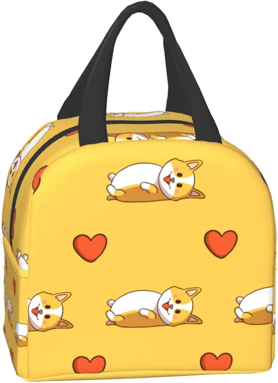 Cute Corgi Sleeping and Love Print Lunch Box, Kawaii Small Insulation Lunch Bag, Reusable Food Bag Lunch Containers Bags