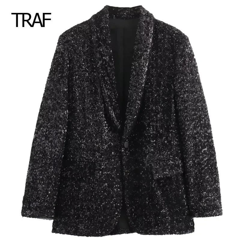 

TRAF Women's Blazer Tailoring Autumn Winter Sequinned Black Blazer Long Sleeve Top New In Outerwears Luxury Designer Coats Women
