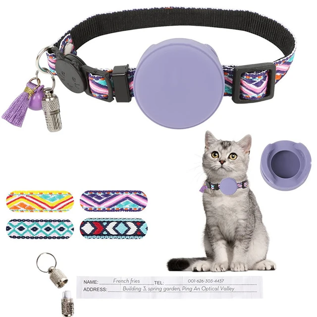 Airtag - Collar de gato con campanas, collar reflectante GPS para gato,  collar de rastreador de gatos antipérdida, collar de cuero ajustable para