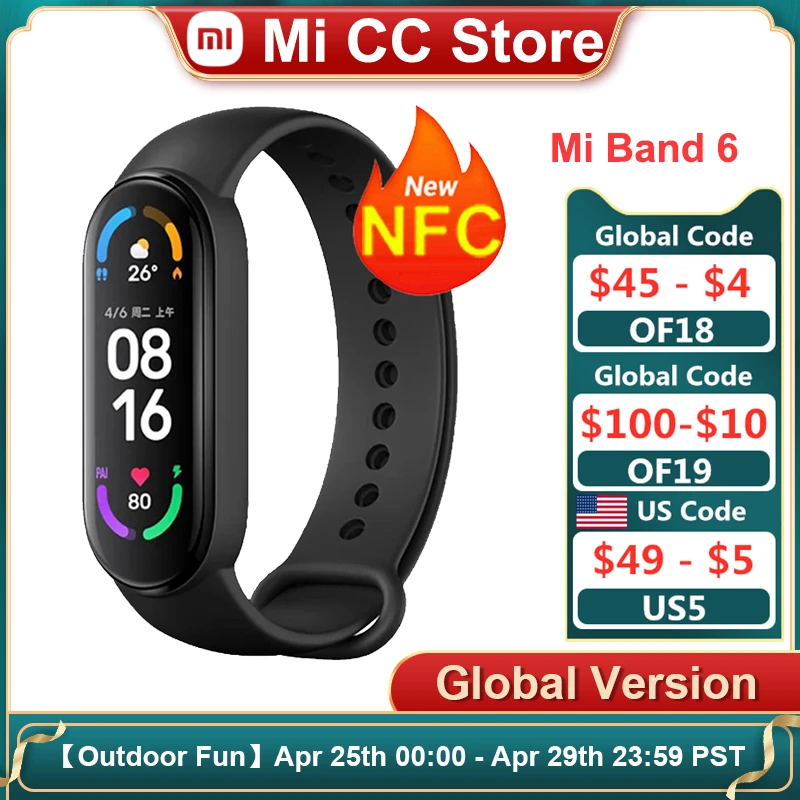 Global Version Xiaomi Mi Band 6 Nfc 1.56'' Amoled Heart Rate Monitor Fitness  Tracker Blood Oxygen Smart Band Magnetic Charging - Wristbands - AliExpress