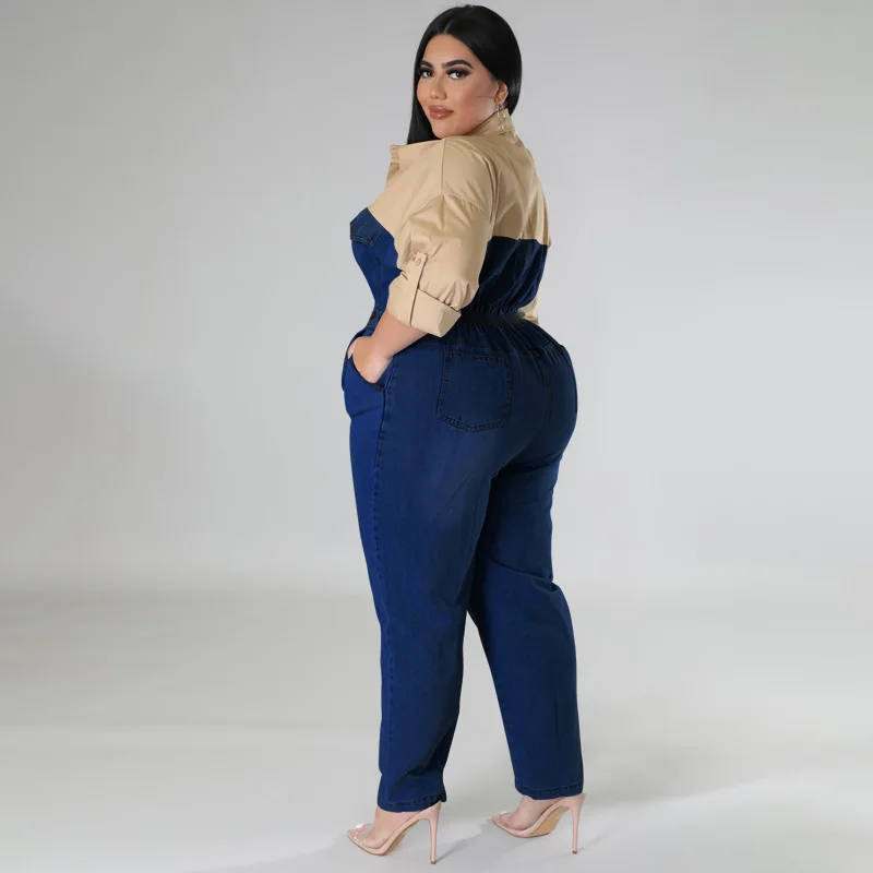 Plus Size Elegant Party Jumpsuit For Women Patchwork One Piece Outfit 2023 Spring Female Jean Jumpsuit Lady Designer Denim Pants