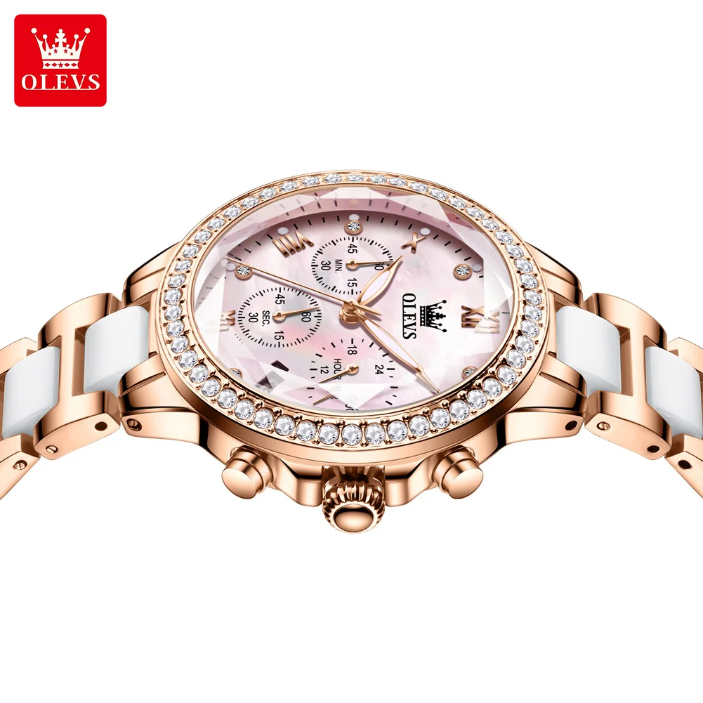 OLEVS 9999 Watch For Women Luxury Rhombus Mirror Quartz Woman Watch Ceramic Steel Strap Chronograph Date Waterproof Wristwatches