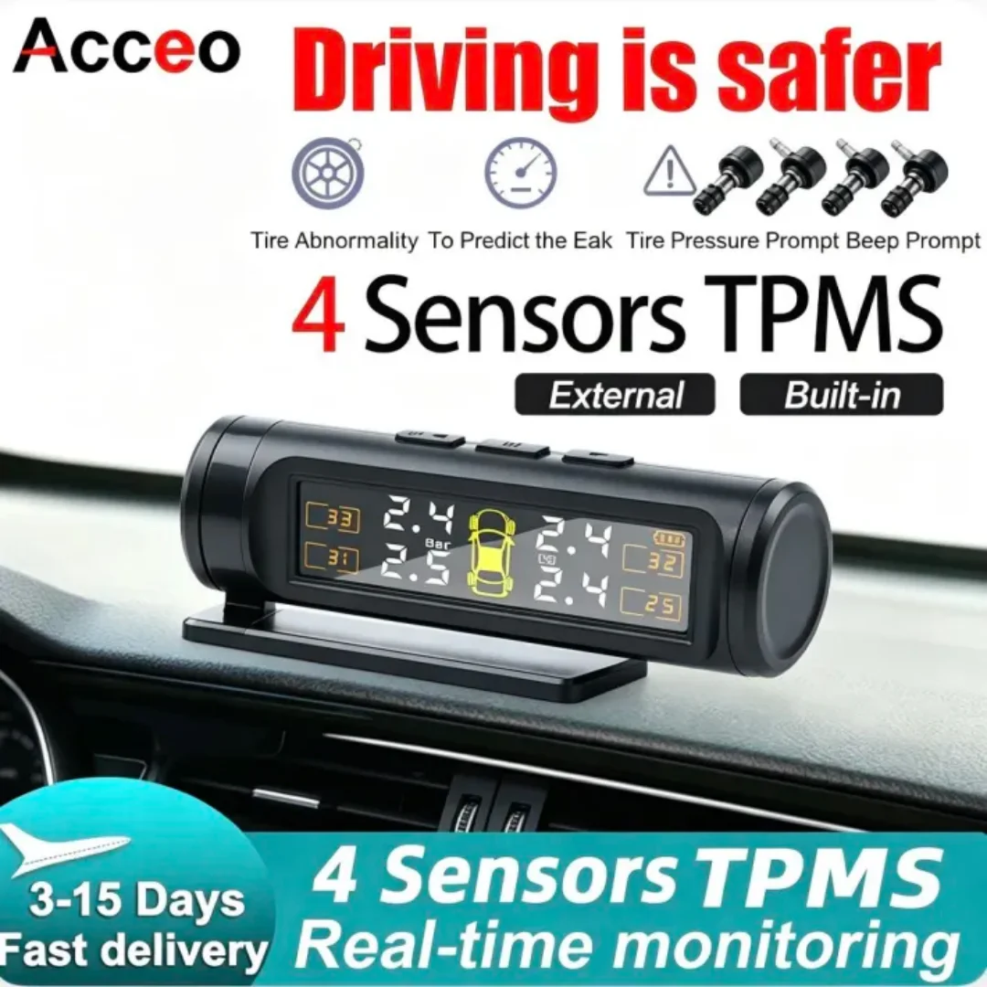 Acceo TPMS 자동차 타이어 압력 모니터링 시스템 4개 센서 무선 실시간 압력 및 온도 안전 경보 모니터