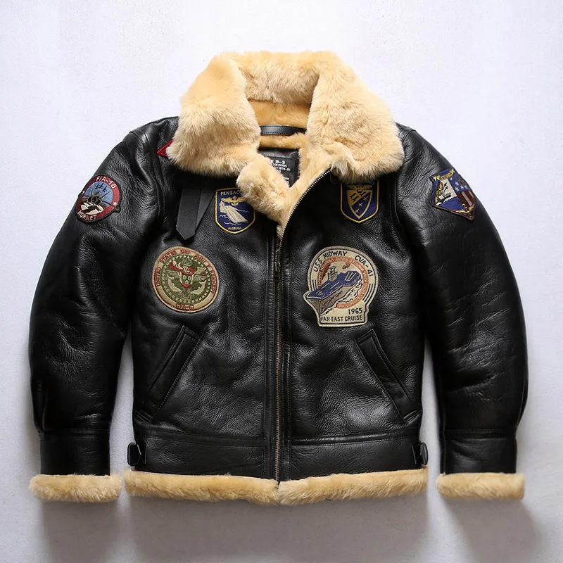 

Winter Warm B3 Pilot Bomber Shearing Wool Thicken Black Embroidery Casual Men's Genuine Leather Jackets Fur Sheepskin Coat