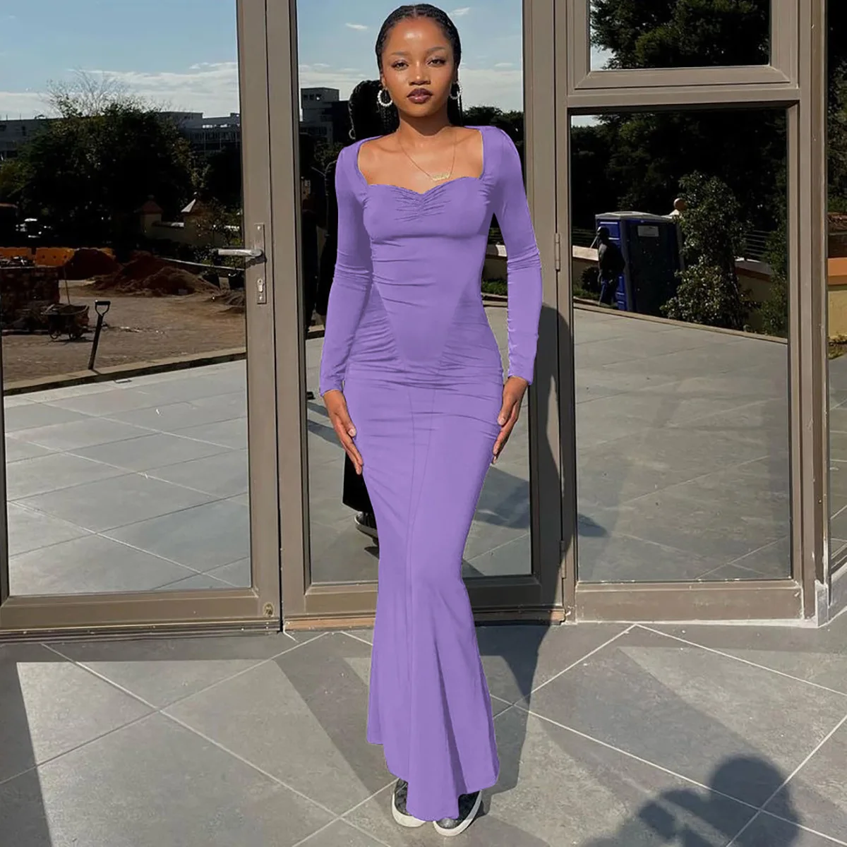 2025 Elegant Long Sleeve Party Dresses Sexy High Waist Slim Fit Women's Evening Dress Fashion Solid Color Pleated Long Dresses