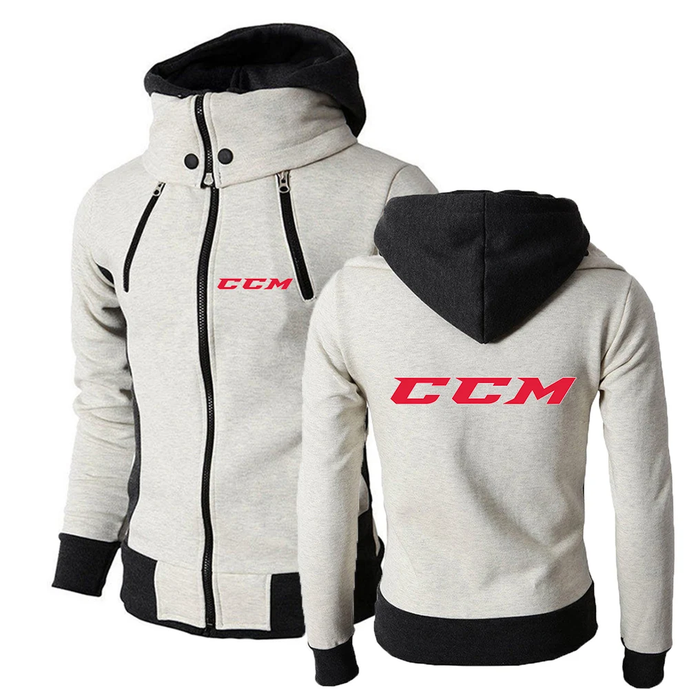 CCM Men Autumn Solid Color Hoodie Double Zipper Design Pullover Male Sweatshirt Long Sleeve Sports Sweater Tops