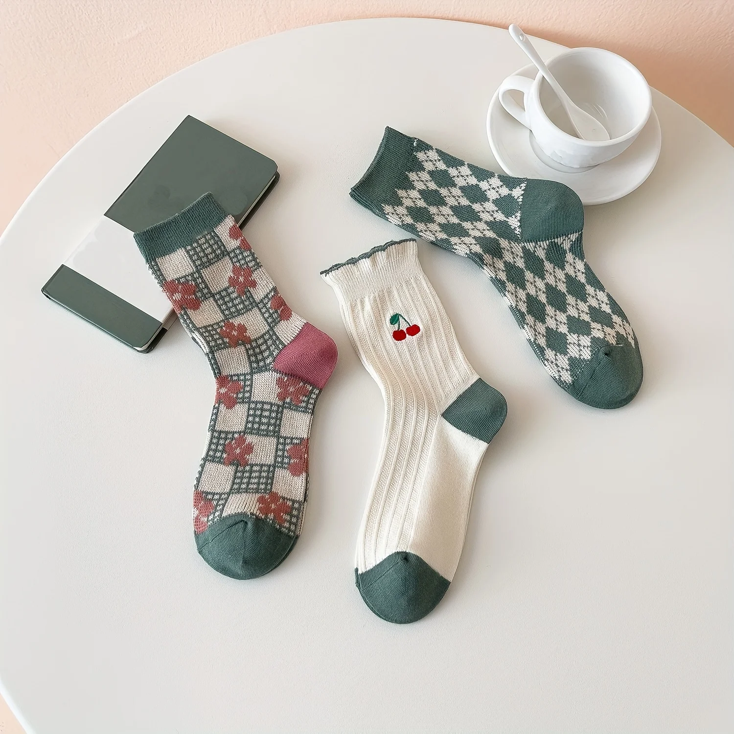 

3 Pairs of Argyle Floral Socks for Comfortable and Breathable Women's Mid Length Socks