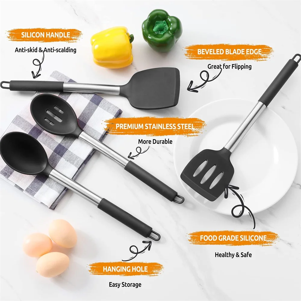 4 Pieces Silicone Spatula Kitchen Cooking Utensils Stainless Steel Tight Spatula Leaky Non-stick Cookware Kitchen Tools