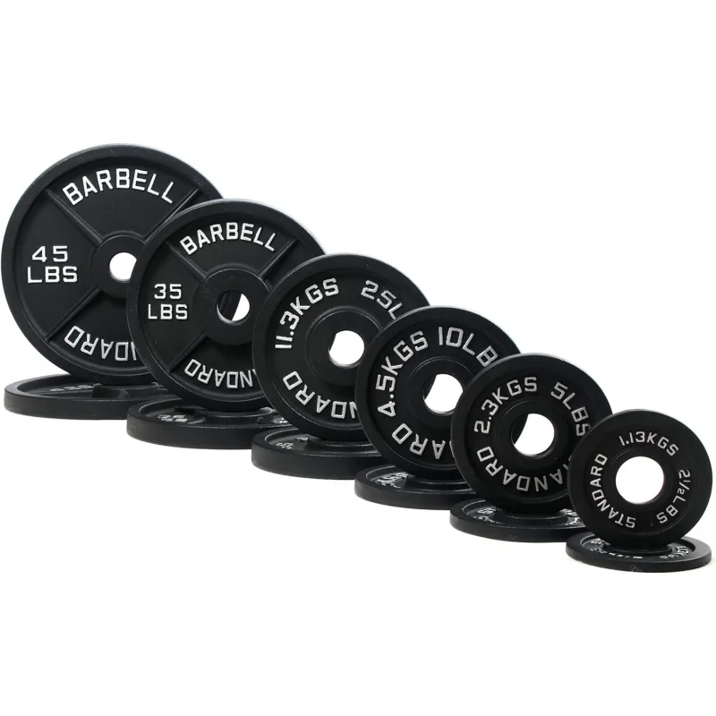 Signature Fitness Olympic Cast Iron Plate for Strength Training and Weightlifting, Pairs, Sets or Set with Barbell,245LB Set