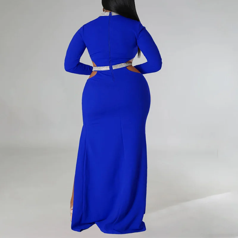Solid O-Neck Diamonds Splicing Net Yarn Long Sleeve A-line Skirt Lady Autumn Elegant Waist Hollow Out Split Plus Size Maxi Dress