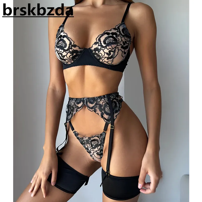 

Brskbzda Floral Lingerie Lace Female Underwear Fancy Transparent Bra Seamless 3-Piece Garter Belt Set Exotic Outfits Intimate