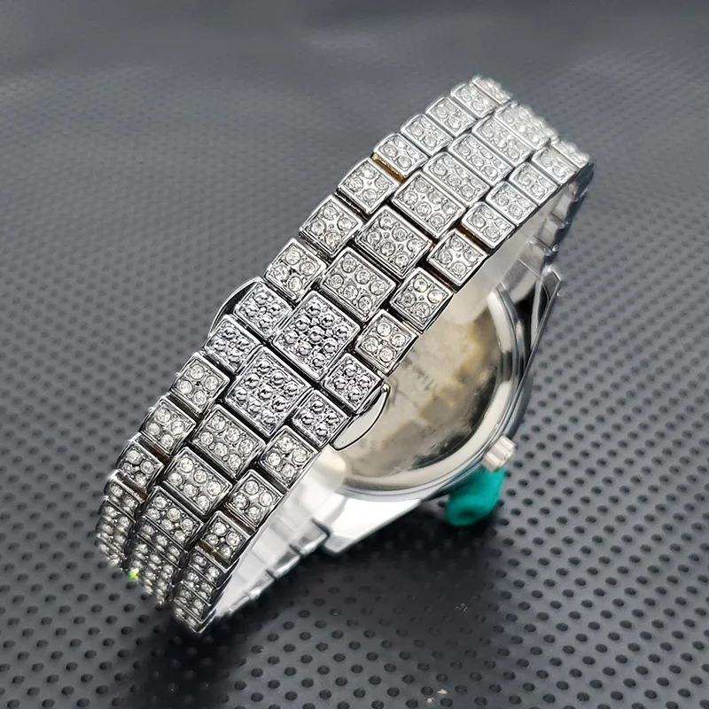 MISSFOX Luxury Diamond Watches For Men Fashion Silver Stainess Steel Quartz Wristwatch Hip Hop Rapper Style Waterproof Clock Hot