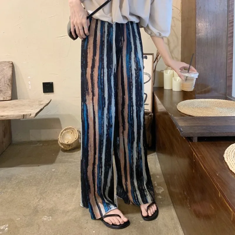 2024 Summer Sweet Striped Ruched Women's Thin Elasticized High-waisted Straight Tie Dye Casual Loose Wide Leg Floor Length Pants
