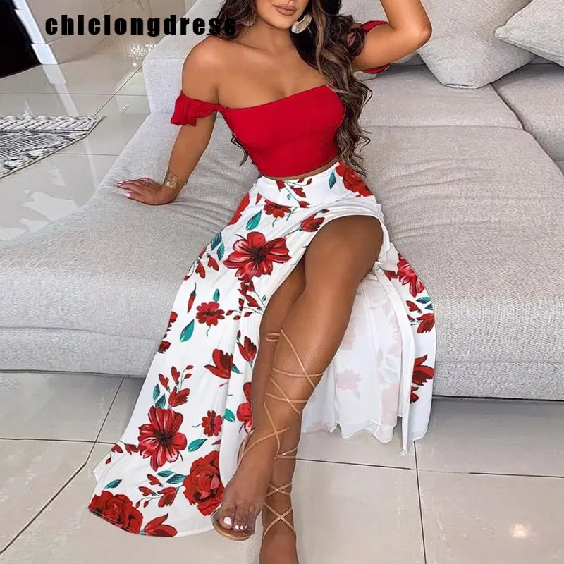 Summer Bohemian 2 Piece Set Women Fashion Sexy Strapless Print Tube Top Split Long Skirt Suit Ladies Beach Style 2 Piece Suit