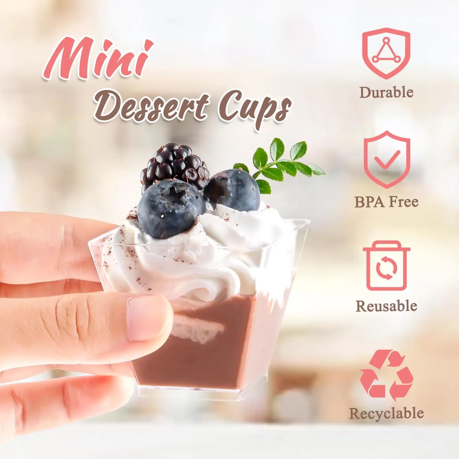 50Pcs Square Mini Plastic Dessert Cups with spoons 2oz Clear Desserts Appetizers Ice Cream Plastic Parfait Appetizer Cups
