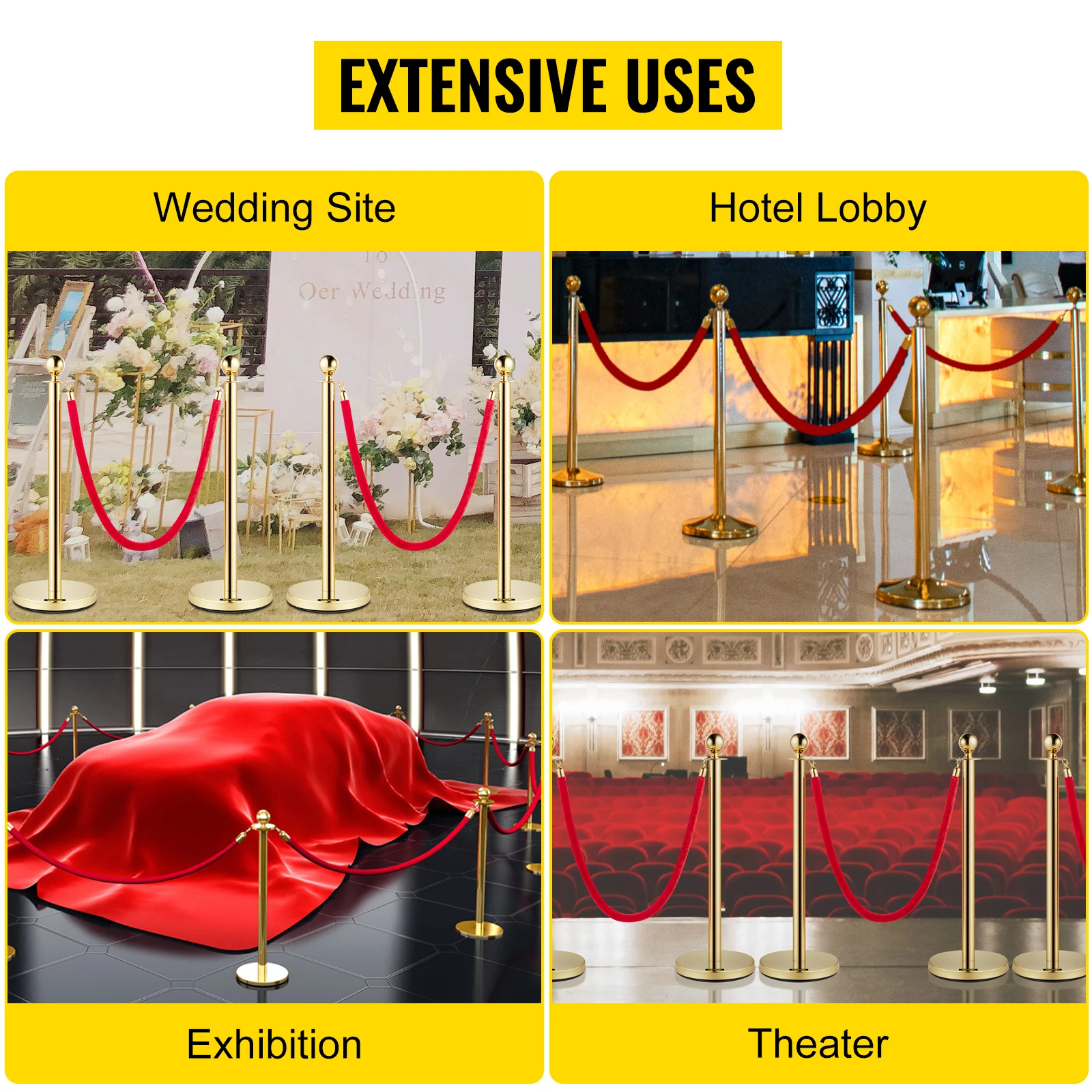 SucceBuy Gold Crowd Control Barrier 5 ft/1.5 m Elegant Velvet Ropes and Posts Stainless Steel Stanchion Post with Ball Top 4 PCS