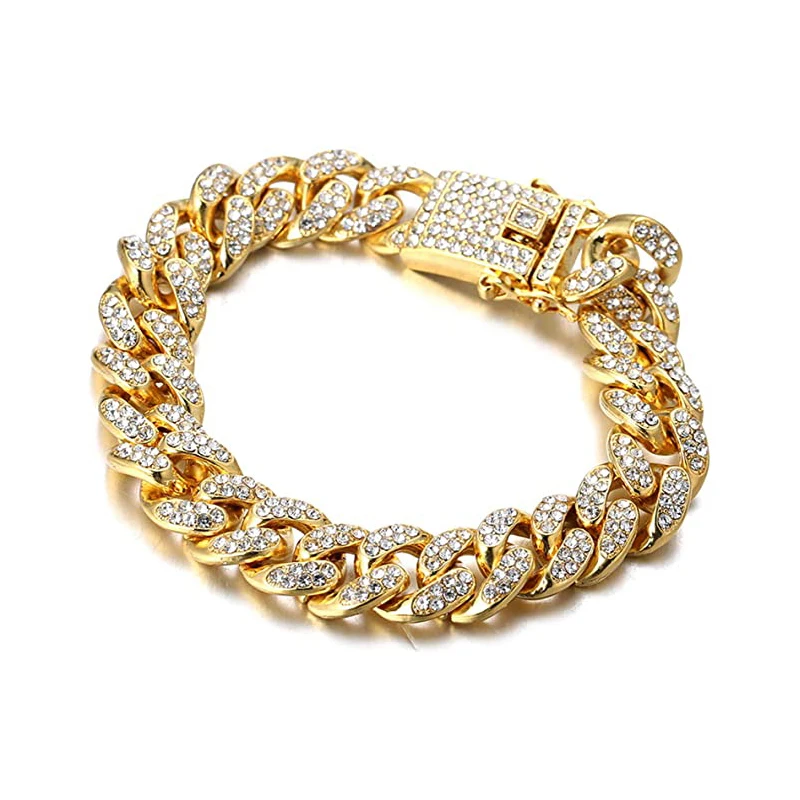 Rhinestone Dog Chain Collar Metal Strong Gold Cuban Link Dog Necklace Luxury Stainless Steel Puppy Cat Chain Collar Dog Jewelry