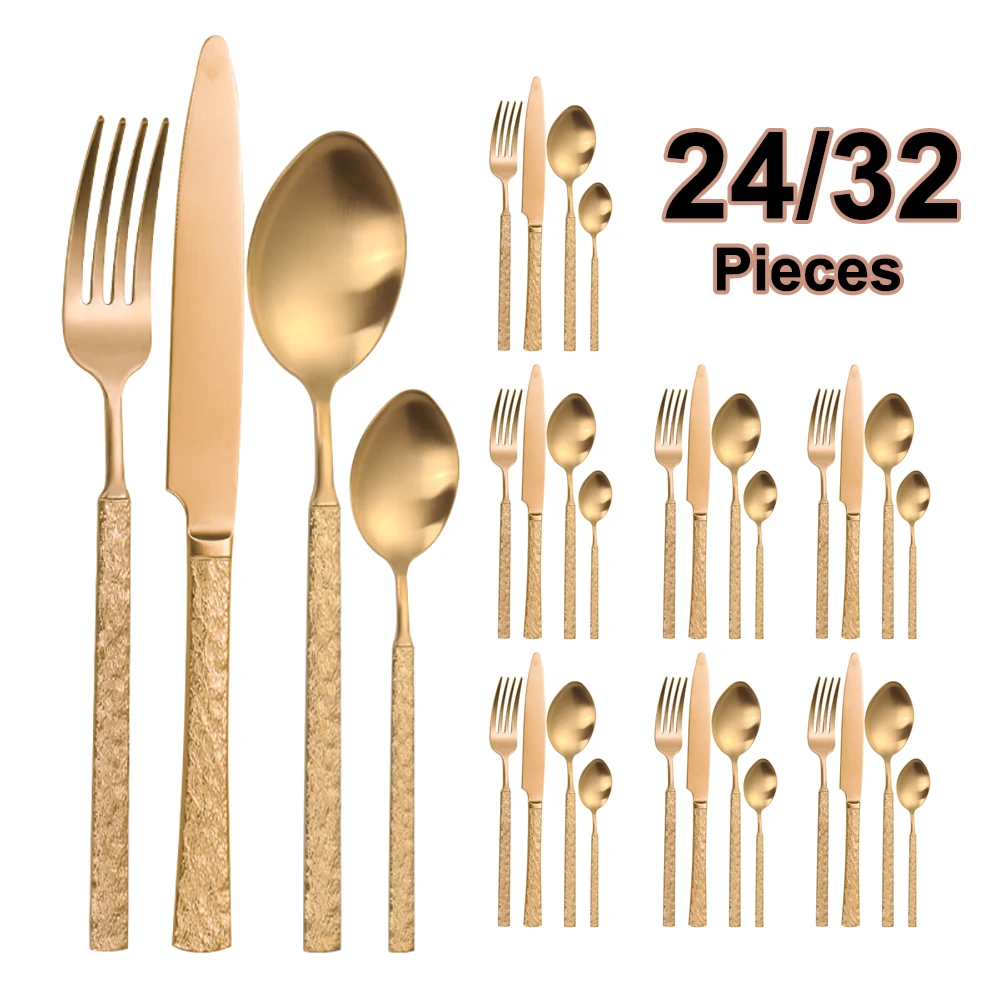 

24/32Pcs Gold Tableware Stainless Steel Cutlery Kitchen Utensils Free Shipping Black Matte Dinner Set Western Knife Fork Spoon