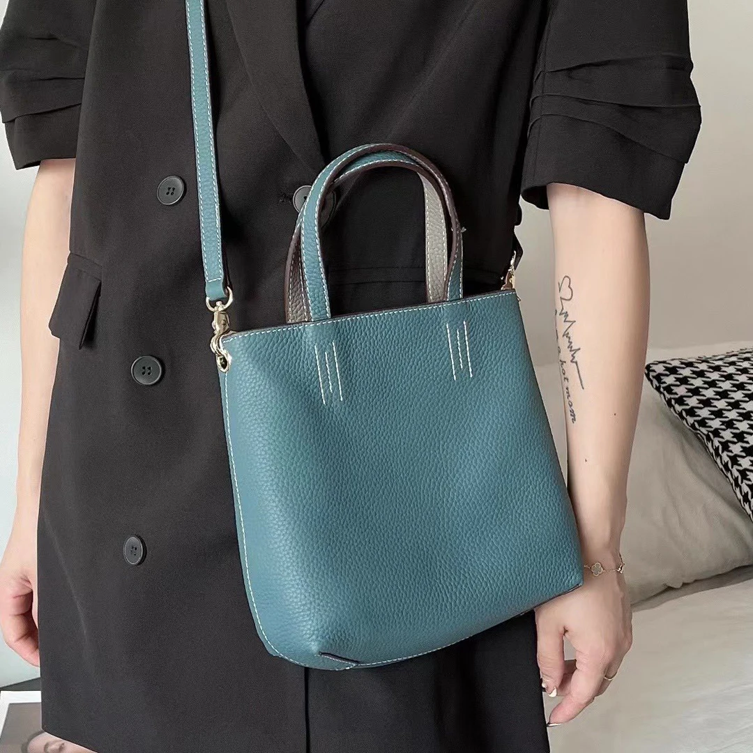 Double Sided Leather Tote Bag Small Shopping Bag Single Shoulder Crossbody Bag Handbag Women's Soft Top Layer Cowhide