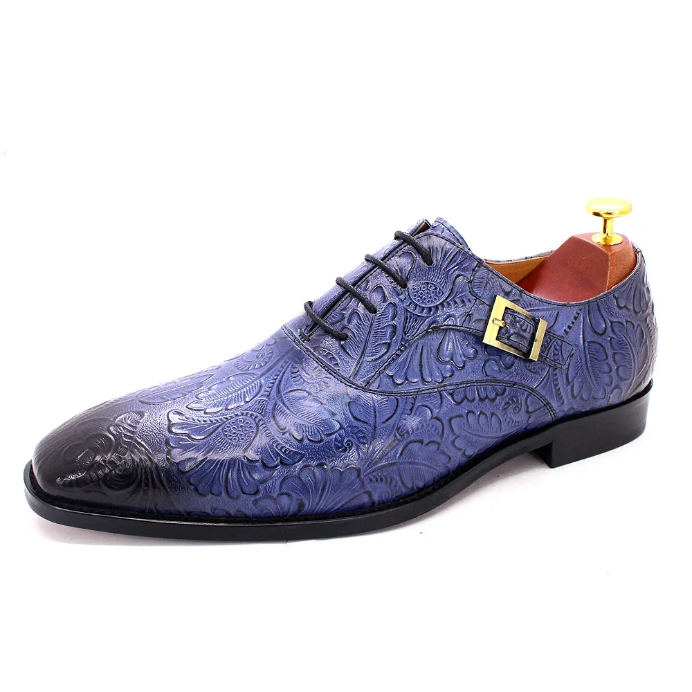 2022 Classic Men Oxford Dress Shoes Real Leather Flower Print Cap