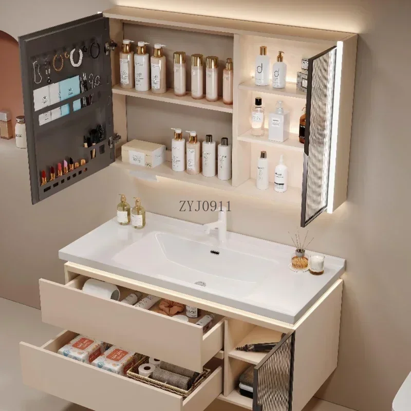 *Cream Style Bathroom Cabinet Combination Modern Minimalist Ceramic Integrated Basin Washbasin Smart Face Set YX50BC