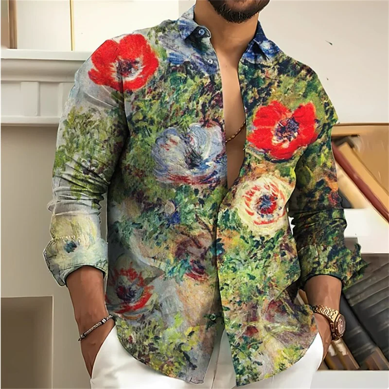 

2023 Fashion Retro Flower Floral Gradient Color Men's Long Sleeve Button Shirt Soft Comfortable Material Men Retro Plus Size