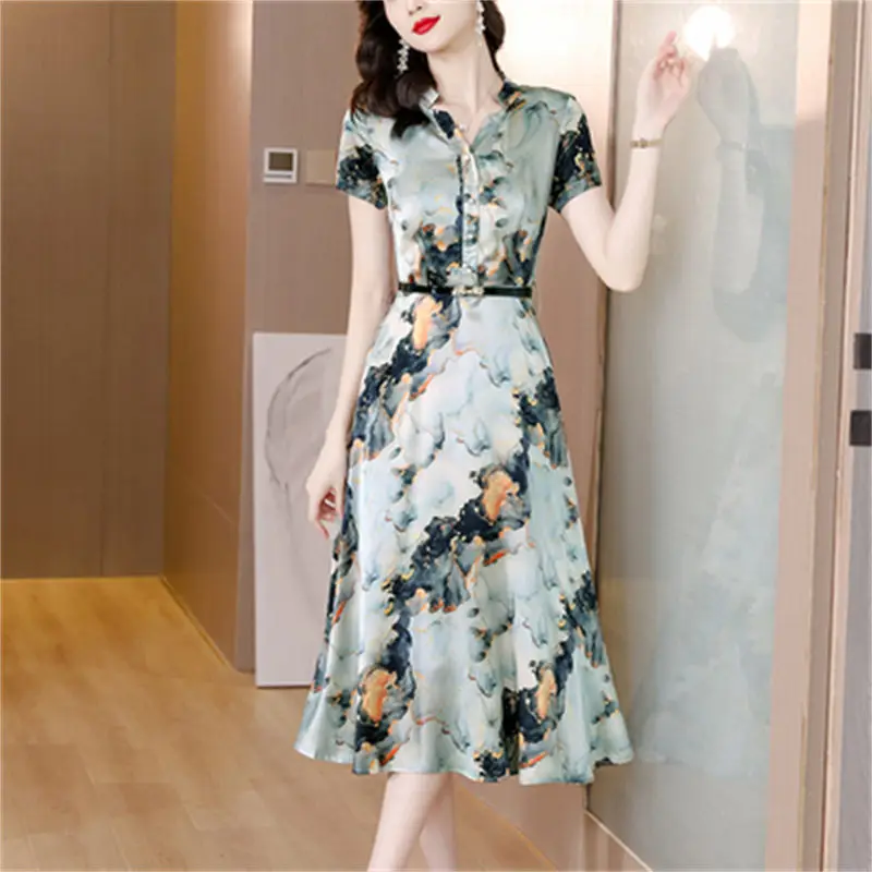 

Summer 2023 Acetate Satin Short-Sleeved Printed Dress Mother's Fashion Short Sleeve Vintage Floral Elegant Shirt Dress Z328