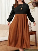 Autumn and winter style large size contrast color stitching long skirt round neck long sleeves slimming and elegant dress - Image 3