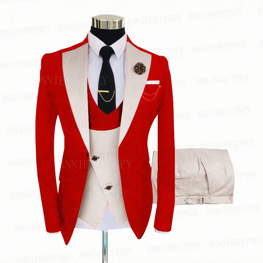 Jacquard Red Suit Men 3 Pieces Groom Wedding Tuxedo Slim Fit Prom Party Blazer Suit Jacket Double Breasted Vest Pants Set