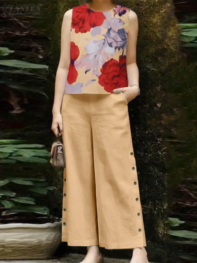 

Брюки ZANZEA с широкими штанинами на пуговицах по бокам, топ с цветочным принтом, комплект из 2 предметов, богемный летний Повседневный женский брючный костюм, праздничные спортивные костюмы