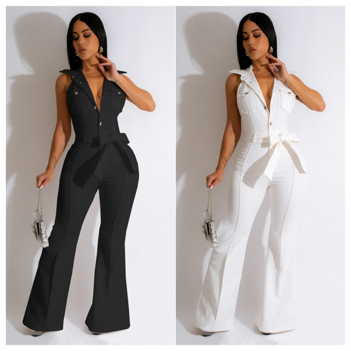 Solid Elegant Women Flare Jumpsuits Turn Down Collar Sleeveless Single Breasted Buttons Boot Cut Casual Rompers Female Overalls