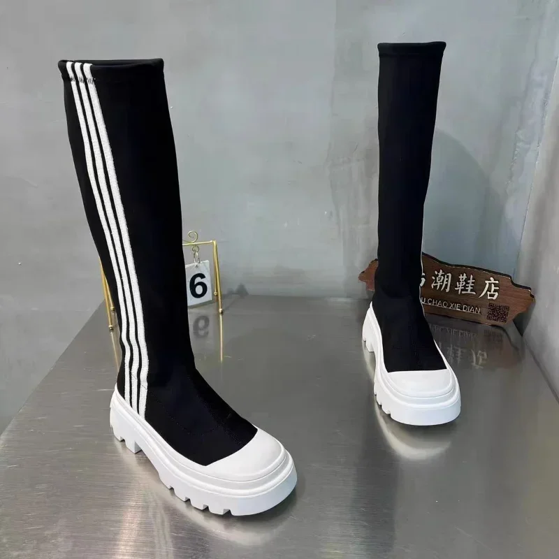 Women's Winter New Square Heel Knee High Sock Boots Slip on Round Toe Boots for Women Ladies Comfortable Casual Platform Boots