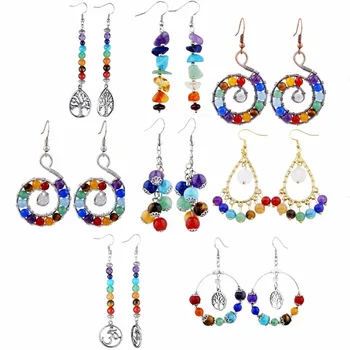 TUMBEELLUWA Natural 7 Chakra Crystal Stone Round Ball Shape Dangle Hook Earrings for Women,Assorted Shapes 1