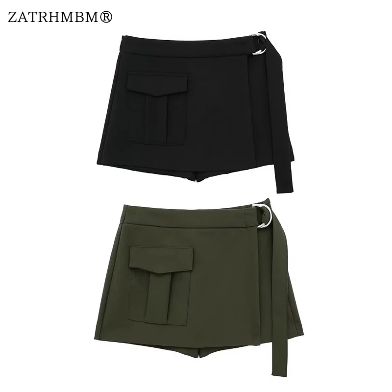 

ZATRHMBM Women 2023 Autumn New Fashion With Belt Cargo Culottes Vintage Side Zipper High Waist Female Short Pants Mujer