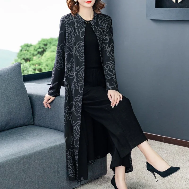 Women Long Windbreaker 2025 Spring And Autumn New Printing Fashion Outwear Wide Wife temperament Mother Trench Coat Vintage L93