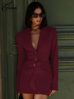 Oymimi Fashion Wine Red Two Piece Set For Women Elegant Long Sleeve Single Breasted Blazers And Slim Simple Mini Skirts Sets - Image 2