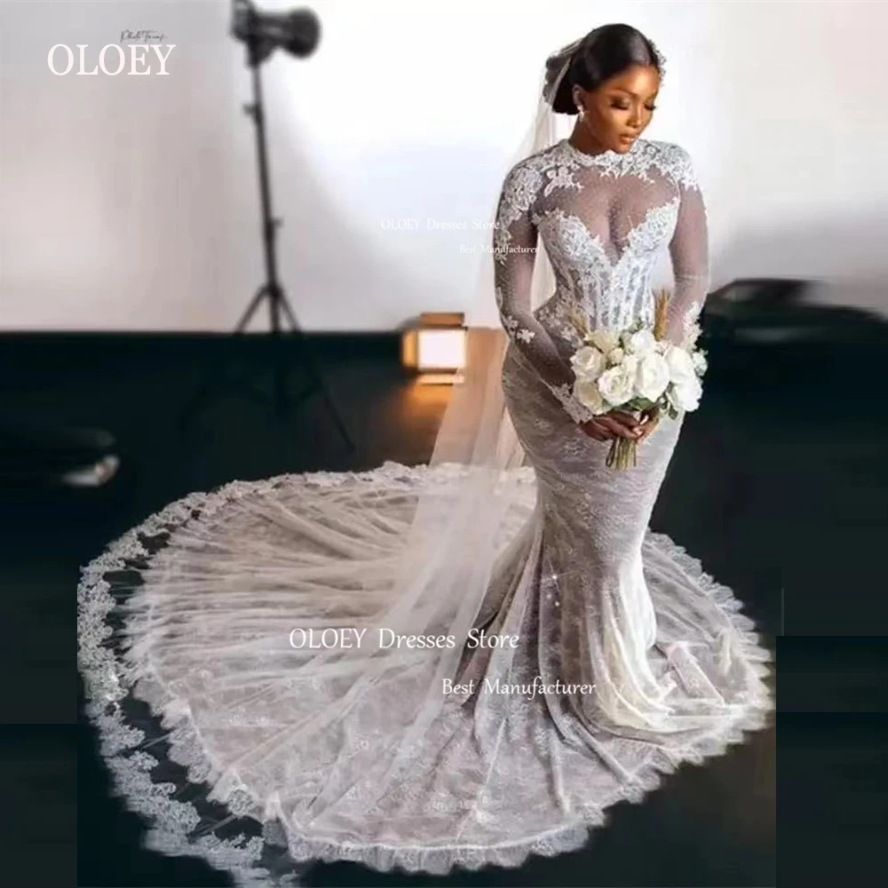 

OLOEY African Mermaid Lace Wedding Dresses Long Sleeves Applique Corset O-Neck Lace Up Back Bridal Gowns Plus Size With Veil