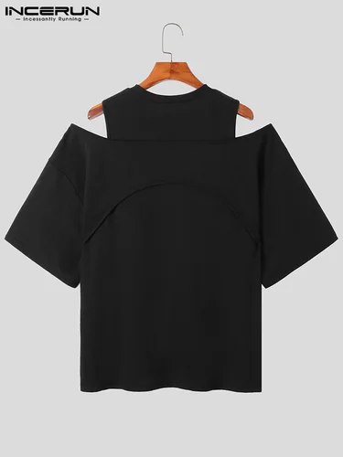 INCERUN 탑스 2023 한국어 스타일 뉴 중공 숄더 Camiseta 패션 남성 솔리드 모든 매치 가짜 두 반팔 티셔츠 S-5XL 4