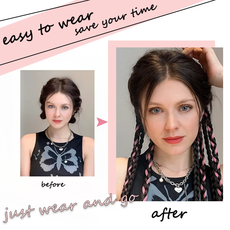 LUPU 2pcs Hair Pigtails Wig Synthetic Extensions Ponytail 18inch Highlighted Boxer Braids with Rubber Band False Women Hairpiece