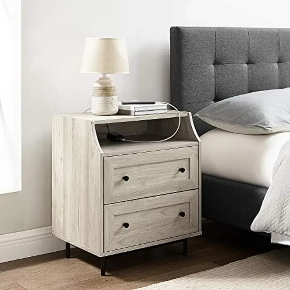 

22 Inch Home Furniture Florence 2 Drawer Open Top Side Table With USB Port Birch Freight Free Bedside Bedroom
