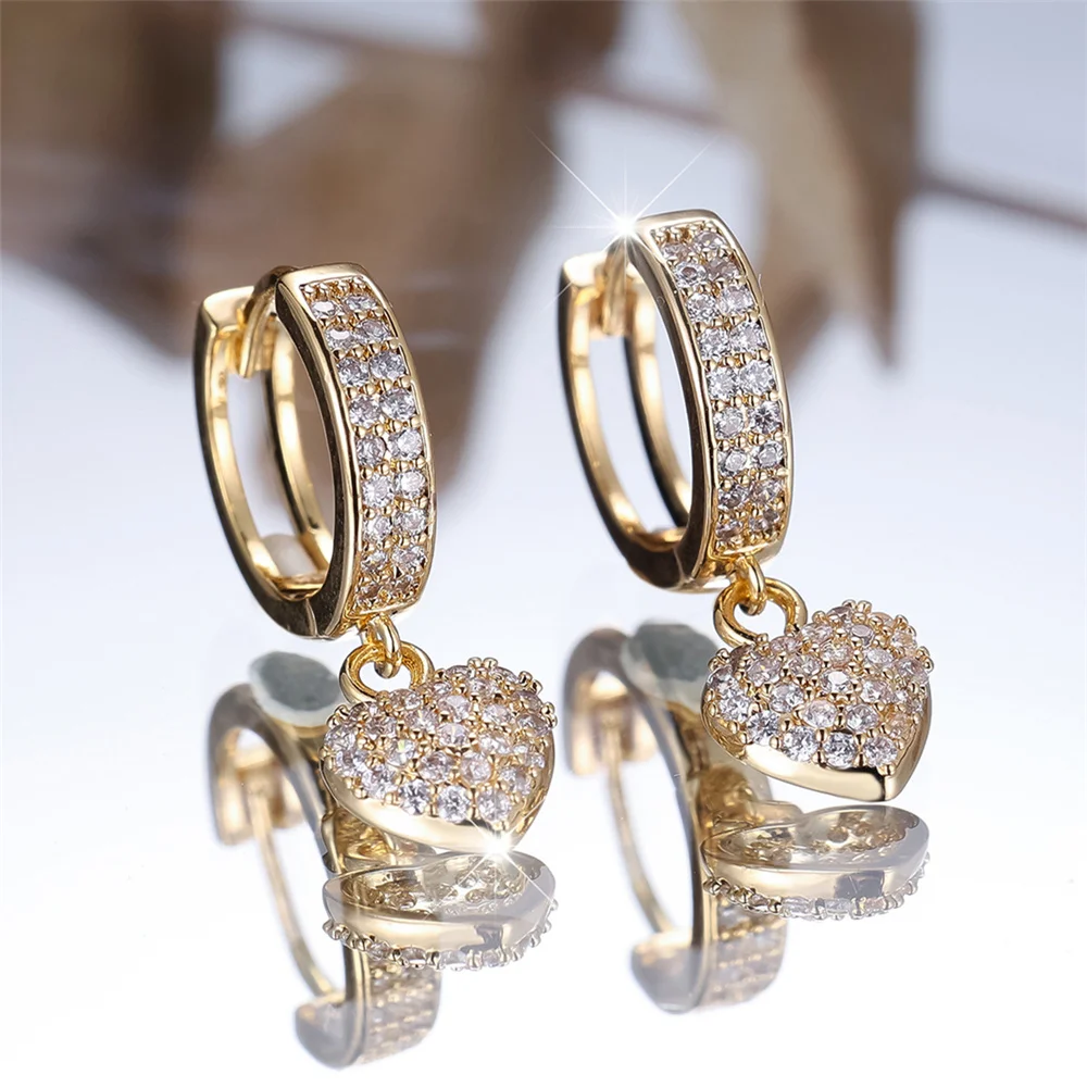 Trendy Crystal White Zircon Stone Love Heart Hoop Earrings For Women Vintage Gold Color Wedding Jewelry