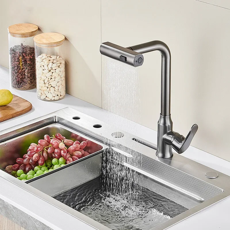 

Single Hole 360 Degree Rotatable Pull Out Kitchen Sink Mixer Tap Four Function Stream Sprayer Hot Cold Water Washbasin Faucet