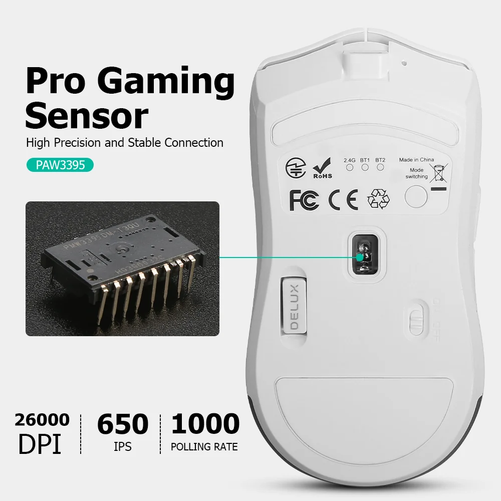 Delux M800 RGB PAW3395 White Wireless Gaming Mouse Wired